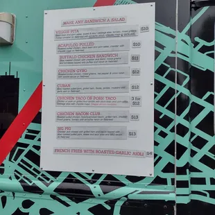 a menu on a food truck