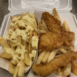 Fries with garlic aioli and kids chicken fingers basket