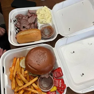 Tray 1- Tri-tip plate, potato salad, side of bbq sauce, and French roll  Tray 2- tri-tip burger, seasoned fries, side of bbq sauce.