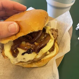 Ribey sandwiche with provolone and caramelized onions