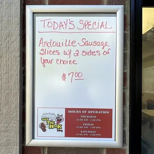 Friday's Specials Board and Hours