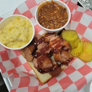Sausage potato salad and beans
