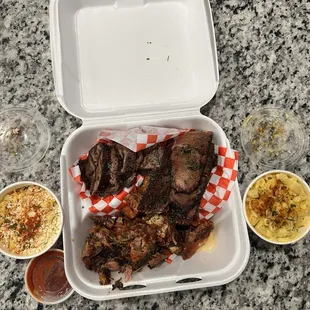 3 meat combo. With tri tip, brisket, and pulled pork. Mac and cheese and corn.