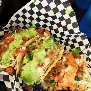 Taco Tuesday ($2.99/each). Two crispy fish tacos and one shrimp taco.
