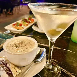 New England Clam Chowder (white) starter with a perfect Martini