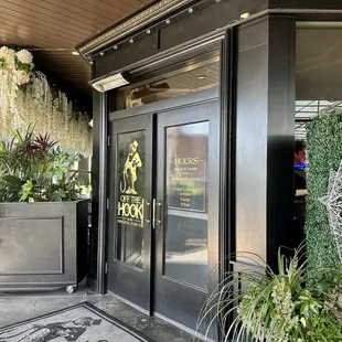 the entrance to a restaurant