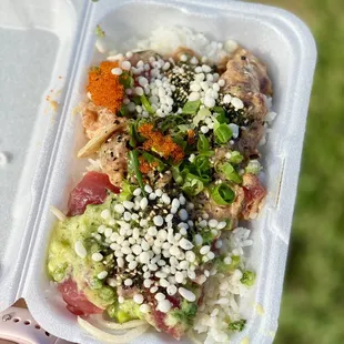 Cold ginger and spicy ahi with alllll the toppings!