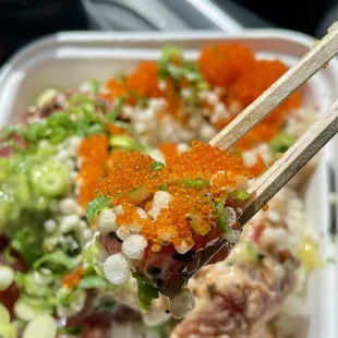 That first bite feeling. Spicy ahi and cold ginger two choice... all the toppings FTW