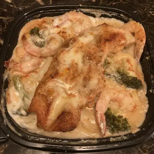 Salmon and Shrimp with Fettuccine Alfredo Sauce