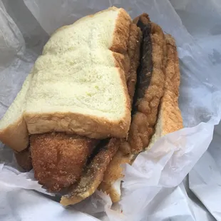 Whiting Sandwich ($5.99) on white bread. Make sure you ask for toppings.