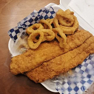 Dinner Combo with 2 Choices: Catfish and Calamari, also came with two hushpuppies, fries, and a small coleslaw