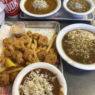 Fried shrimp basket, red beans and rice, chicken and sausage gumbo, seafood gumbo, crawfish etouffee