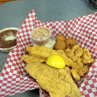 Catfish and shrimp basket with red beans and rice.
