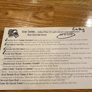 Wine tasting card