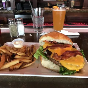 Bacon cheeseburger and fries.
