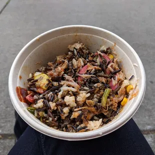 Pulled pork rice bowl, post-mixing. 10/10