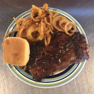 BBQ Ribs with homemade hand breaded onion rings