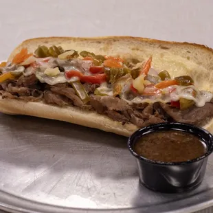 Our delicious Chicago Beef Sandwich served with a side of Au Jus.