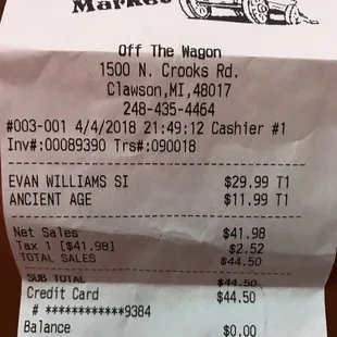 the receipt for the restaurant