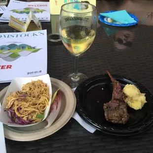 Thai noodles, steak tartar, lamb chop, garlic mashed potatoes.