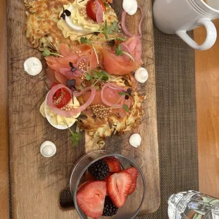 Bunch Salmon and latke, deviled eggs and crème fresh.