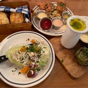 Biscuits, Wedge Salad, Artichoke, Chicken Tenders