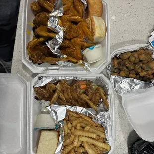 Wings, fries, fried okra