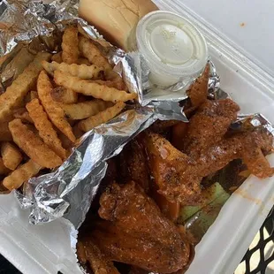 Hot Lemon Pepper wings w/ Cajun Fries and Roll with Ranch