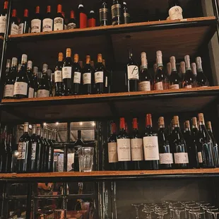 shelves of wine bottles and glasses