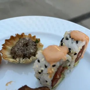 Spicy tuna rolls, wild mushroom tartlet