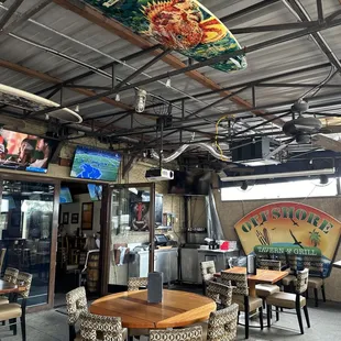 a surfboard hanging from the ceiling