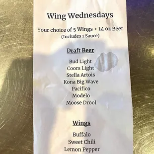 Wing Wednesday $10 combo. Lemon Pepper was very good. Sriracha Garlic had a kick, but messy.