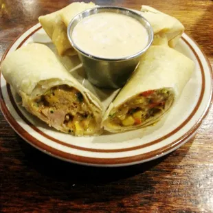Southwestern Egg rolls. .. so yummy.  They are cheap and delicious.  Love the dip they serve with them too.