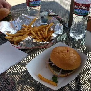 a plate of fries and a bottle of water