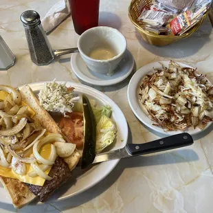Country farm steak sandwich with hashbrowns and potato soup