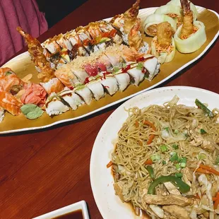 Fire and ice, wvu roll, Potomac roll, blue and yellow roll. Yakisoba Noodles w chicken