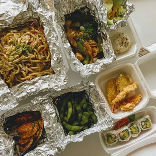 Clockwise: Lunch Yaki Udon, Combo Tempura (w rice, salad, and California roll), Edamame, Mussels