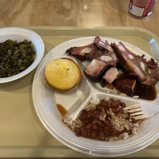 Rib tips, red beans and rice, cornbread muffins and greens