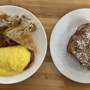 Denver Omelette (left) and French Toast Sandwich (right)
