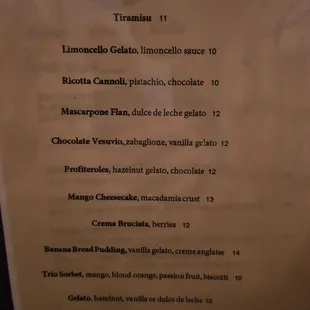 Dessert Menu