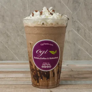 A well-blended mix of fine mocha base, milk, chocolate sauce and ice, topped with whip cream and chocolate drizzle