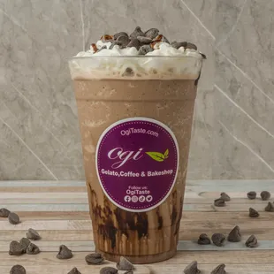 A well-blended mixture of fine mocha base, milk, chocolate chips and ice, topped with whip cream and chocolate drizzle