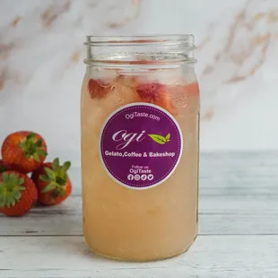 Our fresh and refreshing strawberry lemonade is poured over ice, real strawberries and topped-off with a splash of ginger ale