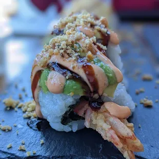 Walnut prawn roll - shrimp tempura, honey walnut crumble, avocado