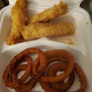 Burnt onion rings and grocery store frozen fish! For $12.99! Bullshit!