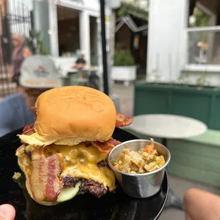 Oh Boy burger n side of Hank&apos;s Hot Peppers/Giardiniera