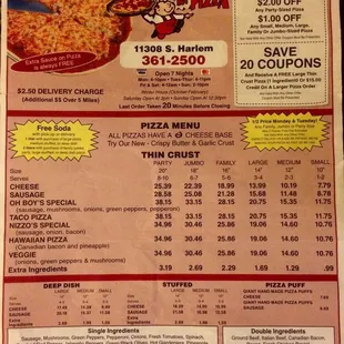 Oh Boy Pizza menu page 1