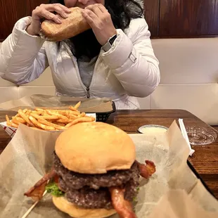 Big Brother Burger and whoops, me with the plain ol' philly cheesesteak and Old Bay fries. Oh well!