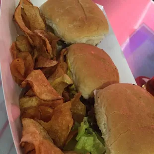 Trio of Oh! burgers and Oh! chips.