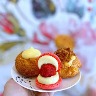 Choux au Craquelin: Crème Brûlée &amp; Pork Floss + Strawberries &amp; Cream Macaron | $4 each